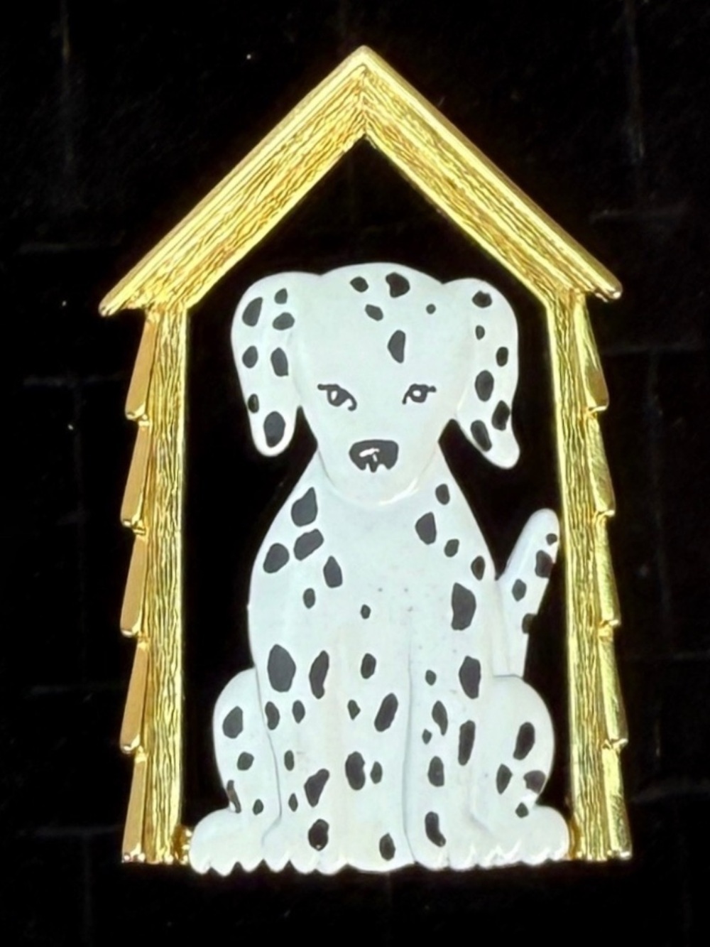 Signed JJ Dalmatian Dog in Doghouse Gold Tone Brooch Pin White Black Enamel